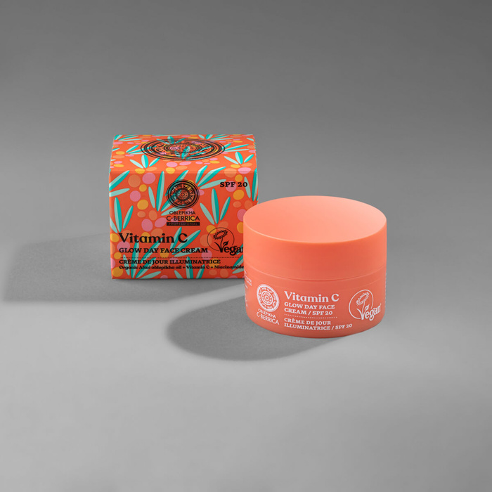 Wegański, rozświetlający krem do twarzy z filtrem SPF 20 z witaminą C Oblepikha C-berrica